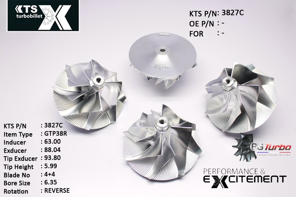 Turbo ROUE FORGÉE MFS PERFORMANCE - 4+4 PALES - INDUCER : 63 - EXDUCER : 88,04 - TYPE : GTP38RANGLE : 60° - ROTATION : Reverse - SUPER BACK : 4,64 - BORE SIZE : 6,35
